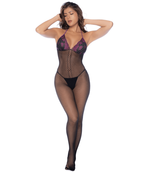 Combinaison en résille et dentelle noire et violette - MAL1122BKPU
